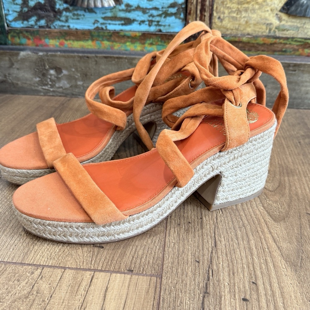 Vince Camuto Roreka Lace Up Espadrille Block Heel Sandals Orange Apricot Sz 9M - Picture 4 of 6